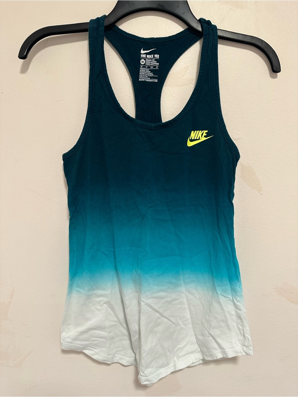 Nike Women’s Teal-to-White Ombre Racerback Tank with Neon Yellow Logo